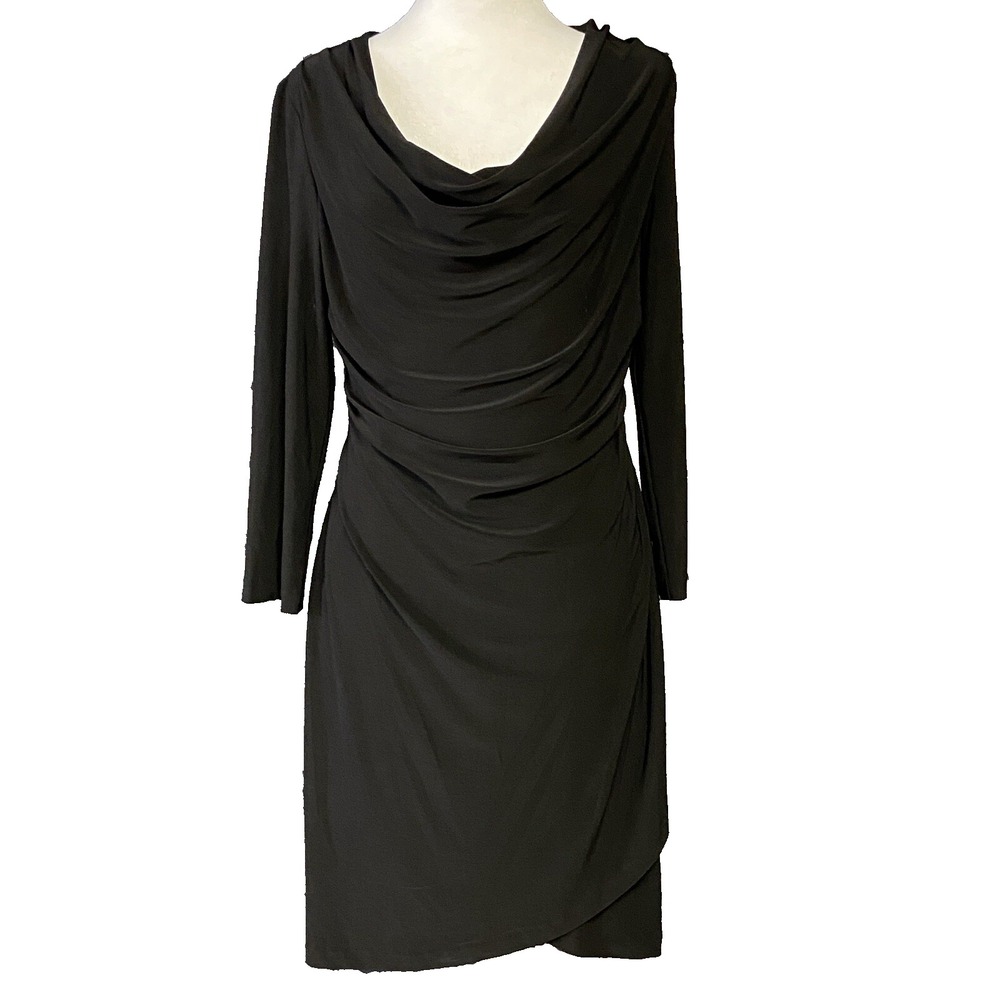 Tahari Dress Womens Small Black Long Sleeve Draped Cowl Neck Ruched Sheath‎ Knee